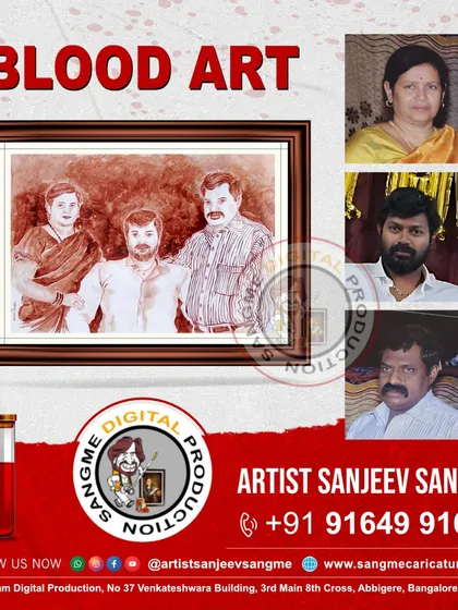This blood art piece was created to bring a family together in one frame. Using individual photos, I carefully composed this group portrait, ensuring that the final artwork feels natural and connected, just like the family it represents.