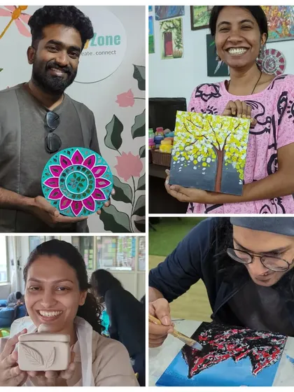 A collage of happy moments from a weekend at StoryZone. People walk in as strangers and leave as friends, with their own unique creations in hand, from lippan art to pottery.