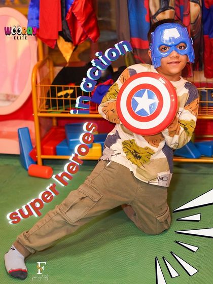 A young Captain America is ready for action with his iconic shield. Our role-playing activities help build confidence and spark creativity in every child.