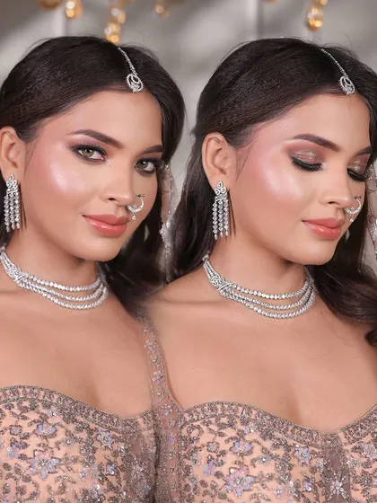 A dual-angle shot showing off the beautiful smokey eye and flawless base created for this engagement look.