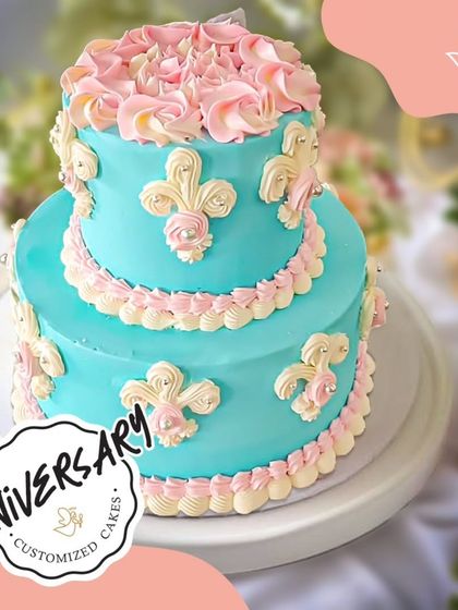 This dreamy two-tier cake features lovely turquoise frosting and delicate pink and white piped details. It was a joy to create for Mr. and Mrs. Juneja's anniversary in DLF Phase 2.