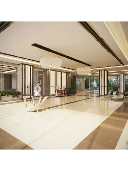 The entrance lobby of this luxury apartment complex is designed to be a grand yet welcoming space. We used polished marble flooring, statement chandeliers, and custom-designed pillars to create an atmosphere of sophisticated elegance from the moment you step inside.