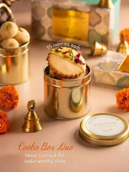 Our Kesar Coconut cookies are not only delicious but also beautiful, making them perfect for insta-worthy clicks during the festive season. And they're only 35 calories each!