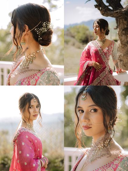 A collage of bridal portraits focusing on hair, makeup, and jewelry details, from her floral bun to her delicate nose ring.