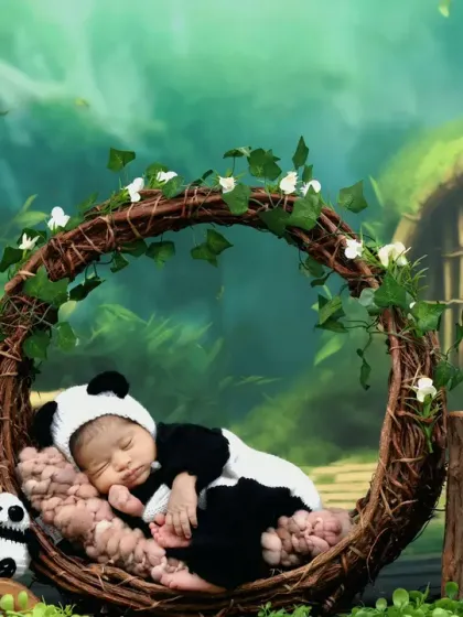 A precious newborn dressed in a panda outfit, sleeping peacefully in a vine wreath nest in our enchanting forest setting.