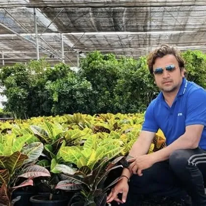 Here I am at the nursery, surrounded by a large batch of colorful Croton plants. These are known for their stunning, multi-colored foliage that can brighten up any indoor or outdoor space.
