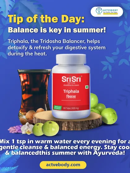Here's my tip of the day for summer: balance is key. This image of Triphala tablets explains how it acts as a Tridosha Balancer to detoxify and refresh your digestive system during the heat.