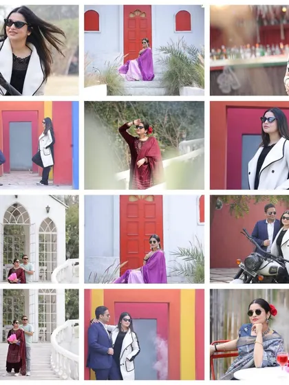 This photo collage displays the sheer variety of backdrops available for a single pre-wedding shoot, from our colorful walls to the Santorini set and European bridge.