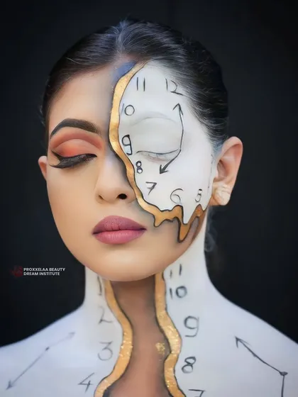 Pushing the boundaries of creativity with this surrealist melting clock makeup. This is an example of my avant-garde work, where I use the face as a canvas to create living art.