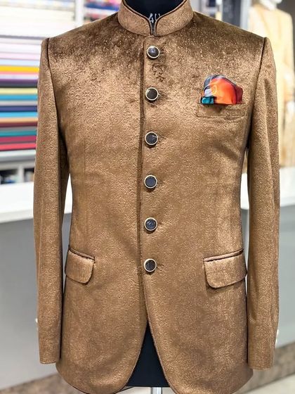 A still image of the elegant brown velvet Jodhpuri jacket, showcasing its rich texture and classic design.