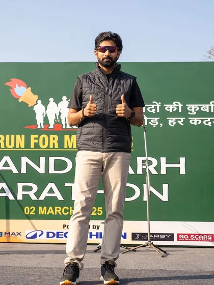 On stage at the Chandigarh Marathon. I travel across the country to manage and support major running events, bringing my expertise in event organization wherever I go.