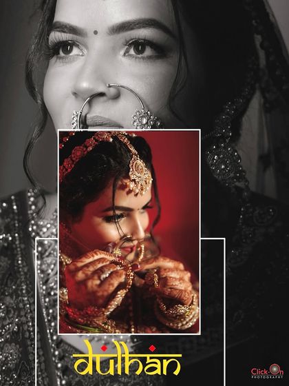 A creative bridal portrait with a 'Dulhan' text overlay and a color-pop effect, showcasing our artistic editing style.