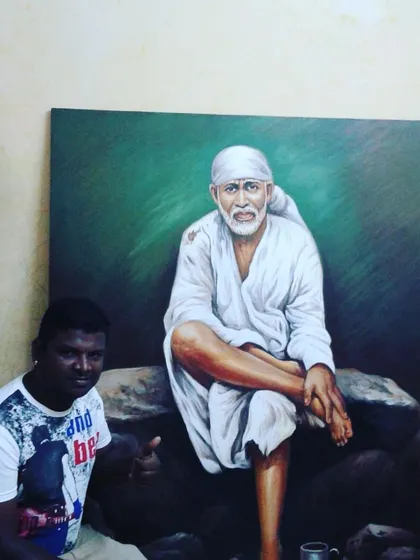 This is a large-scale, hand-painted portrait of Sai Baba on canvas. We specialize in creating detailed and respectful spiritual art that can serve as a focal point in your home or meditation space.