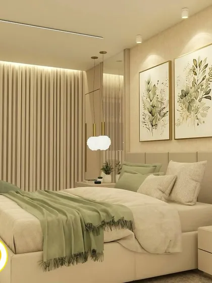 Another angle of this beautiful bedroom, showing the seamless integration of the wardrobe and the bed's feature wall.