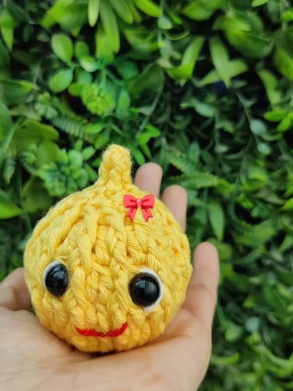 The Modak plushie held against a leafy green background.