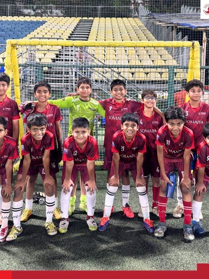 The full Somaiya FC U-12 team poses for a photo on the turf after their win against Mumbai Soccer Prodigies Academy.
