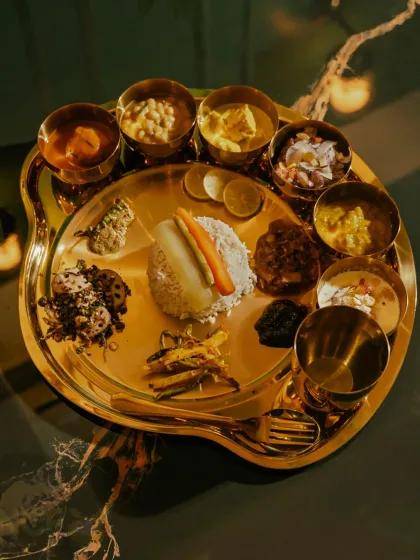 My Royal Manipuri Chakluk, a pure vegetarian thali served in traditional brassware. It’s an elegant and beautiful dining experience, perfect for pujas, ceremonies, or when you want to treat yourself to something special.