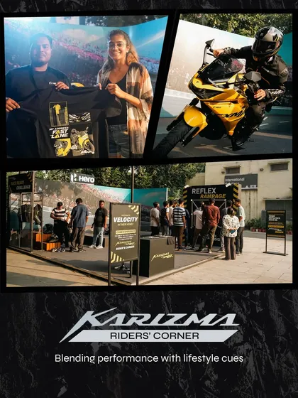 The Karizma Riders' Corner we designed for Hero blended performance with lifestyle. This collage shows students receiving branded merch and the packed experiential zone, which successfully drove footfall and generated leads.