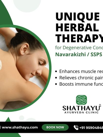 Navarakizhi, also known as SSPS, is a unique herbal therapy for degenerative conditions. It involves a massage with poultices filled with medicated rice, which enhances muscle power, relieves chronic pain, and strengthens muscles.
