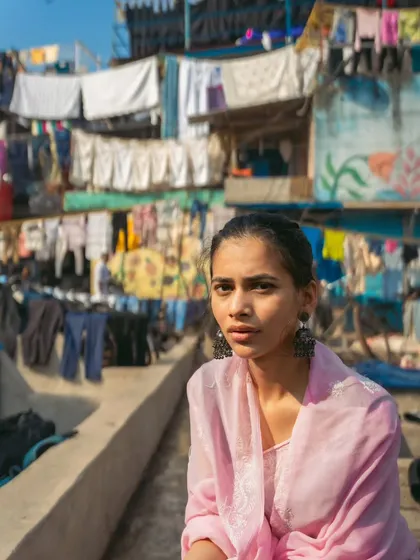 A seated portrait that feels intimate and direct, despite the busy surroundings of the open-air laundromat.