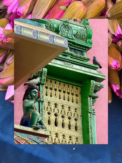 An artistic collage blending the green and pink details of a temple gopuram with a backdrop of lotus buds.