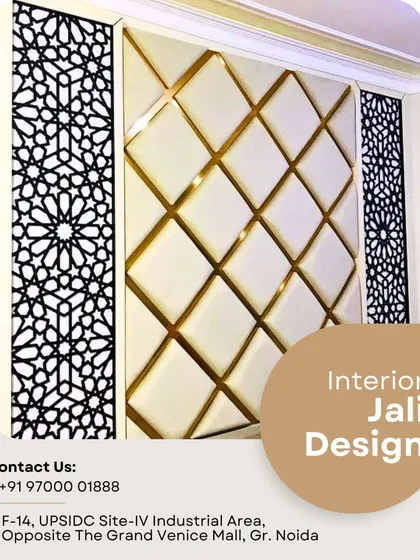 This wall panel combines different textures and patterns for a luxurious effect. It features black laser-cut jali with an Islamic geometric pattern flanking a central section of quilted, diamond-patterned upholstery with gold trim.