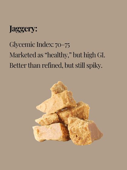 Jaggery is marketed as "healthy," but it has a high glycemic index of 70-75. While better than refined sugar, it can still cause a significant blood sugar spike.