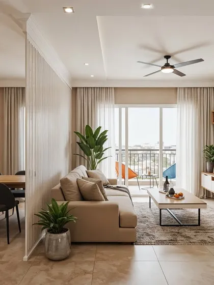 An open-plan living and dining concept where a neutral palette, natural light, and green plants create a warm and inviting atmosphere.