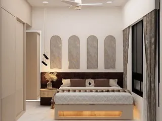 A serene bedroom concept featuring arched wall panels and under-bed lighting for a soft, ambient glow.