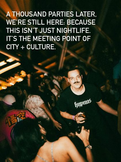 A shot from the dancefloor with the text overlay, "A thousand parties later, we're still here: because this isn't just nightlife. It's the meeting point of city + culture." This captures the philosophy behind my event curation.