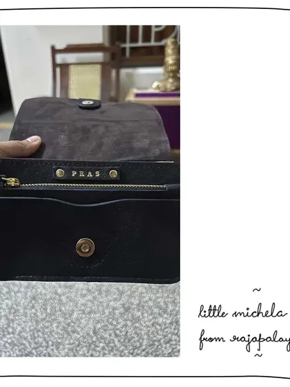A close-up of the monogrammed interior of a Little Michela wallet for our patron Prasanna. The small details make each piece special.