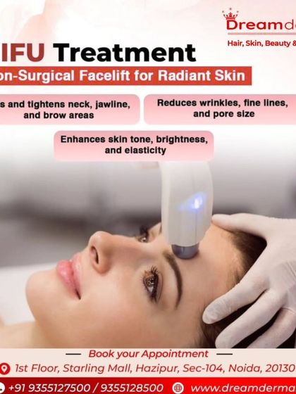 A client receiving a non-surgical facelift treatment. This visual highlights the key benefits: lifting, tightening, wrinkle reduction, and enhanced skin tone.