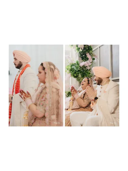 For this couple's Sangeet, we opted for vibrant, joy-forward colors. For their Anand Karaj, we shifted to a softer palette of peaches and nudes, creating a visual story that evolved with their celebrations.