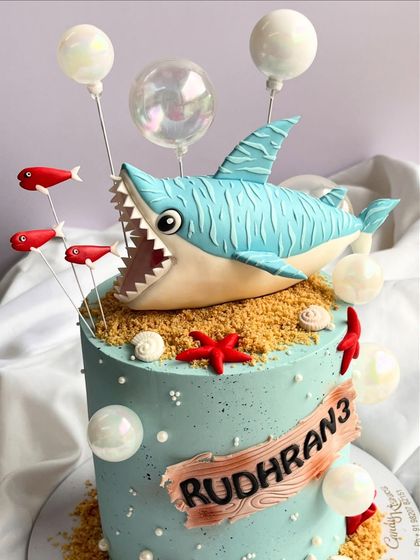 A close-up of the fierce but friendly shark topper, showing its textured skin and sharp, edible teeth.