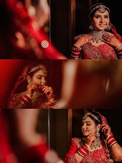 This artistic collage captures the bride's getting-ready moments. The use of reflections and close-ups on her jewelry and expressions tells an intimate story of her transformation.