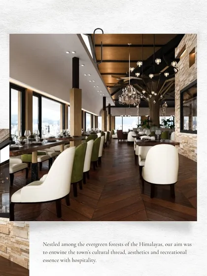 A rendering of the main dining hall at ITC Narkanda. The design uses natural materials like wood and stone, with large windows to bring in natural light and connect diners with the surrounding evergreen forests.