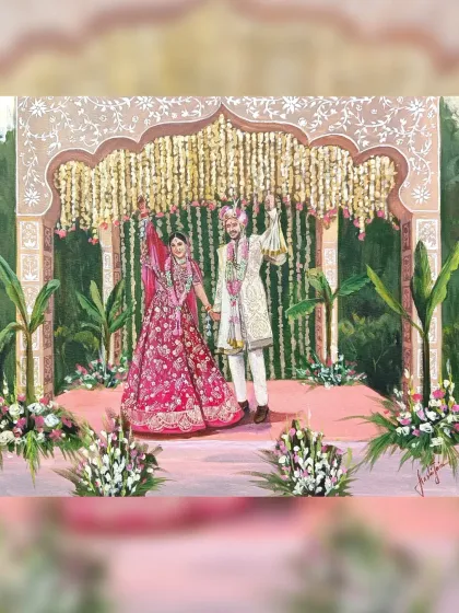 A completed live wedding painting from a beautiful ceremony at ITC Maurya, Delhi. I framed the couple within the gorgeous floral decor of their mandap.