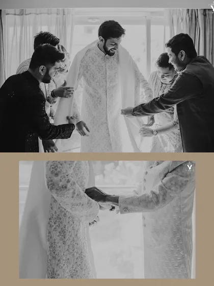 A black and white collage of the groom getting ready with his groomsmen. These images capture the camaraderie and happy, candid moments before the ceremony.