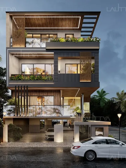 This is a visualization of a contemporary home we designed, showcasing a dynamic facade with clean lines, layered volumes, and a mix of materials like wood, concrete, and perforated metal screens. We focus on creating exteriors that are not just visually striking but also integrate greenery and privacy through features like recessed balconies.