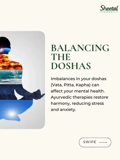 Your mental state is deeply connected to your physical health. In Ayurveda, we understand this as the balance of the three doshas: Vata, Pitta, and Kapha. This visual represents how imbalances can affect your mental health, and how our therapies work to restore this inner harmony, naturally reducing stress and anxiety.