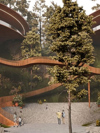 A view of the skywalk and floating villas, a design that turned the challenge of a steep, contoured site into a unique architectural statement.