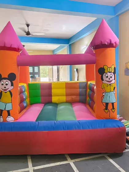This is our compact 8x8 foot jumping bouncy, perfect for small parties, schools, or as a starter unit for a rental business. Even on our smaller models, we use the same durable SRF 560 gsm fabric.