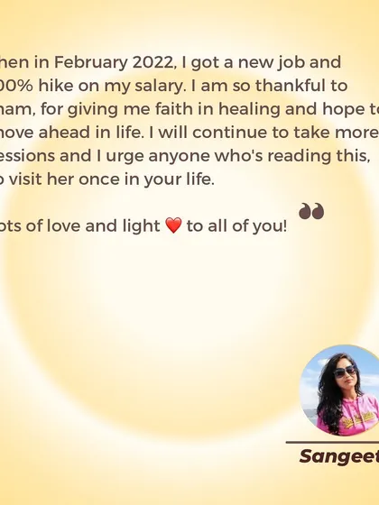 This testimonial is a powerful example of what's possible when we clear manifestation blocks. This client received a new job with a 100% salary hike after our sessions, showing how energy work can create tangible shifts in your career and finances.