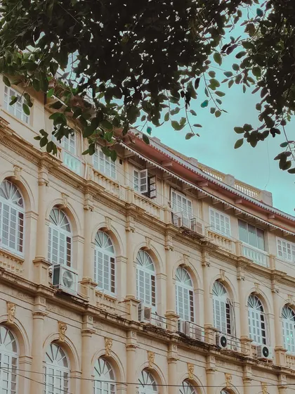 The beautiful arched windows of a heritage building in the Fort area, framed by the leaves of a tree.