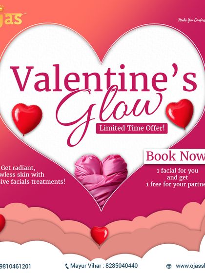 Get a Valentine's Glow with our limited time offer. Book one facial for yourself and get one free for your partner. It's the perfect way to get radiant, flawless skin together.
