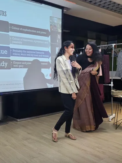 The best learning happens when it's interactive. This is a moment from one of my power dressing workshops, where we have fun exploring how the right jacket can completely transform a professional look.