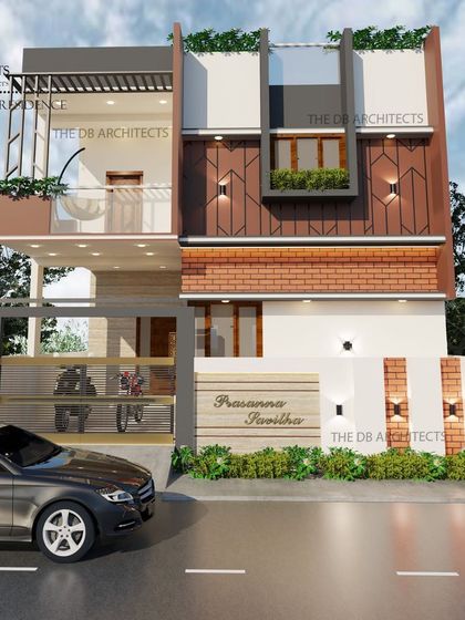 This street-level view of the 3D render for Mr. Prasanna's residence shows the full impact of the facade, from the gate design to the rooftop greenery.