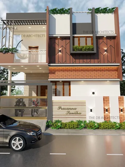 This street-level view of the 3D render for Mr. Prasanna's residence shows the full impact of the facade, from the gate design to the rooftop greenery.