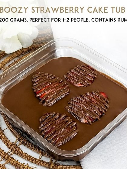 Our Boozy Nutella Strawberry cake is available in a 200-gram tub. It's the perfect portion for one or two people to enjoy this rum-laced indulgence.