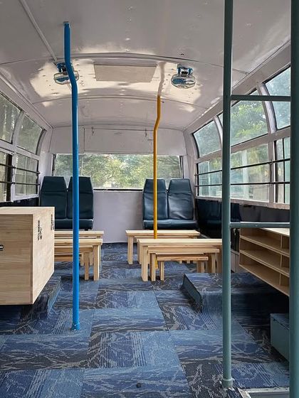 The interior of the completed "Wonder on Wheels" bus. We helped design and execute this mobile classroom, which brings education to the children of daily laborers in Bangalore, transforming a standard bus into a bright and functional learning space.